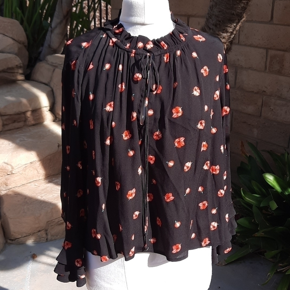 Cleobella Phoebe Floral Ruffled Bell Sleeve Blouse black red small